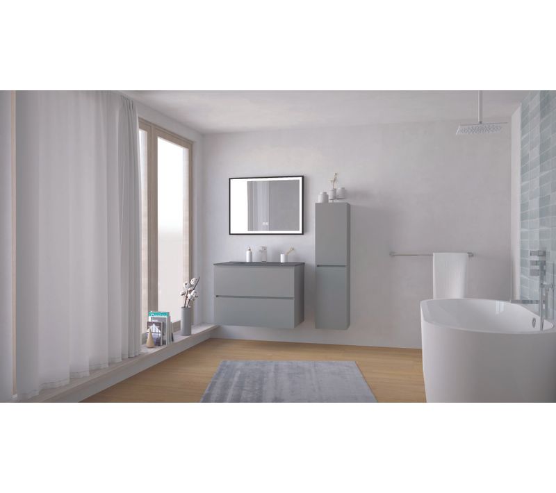 Meuble Salle De Bain Trendy  - 80 Cm - Gris Mat - 2 Tiroirs - Plan Noir + Miroir Selena