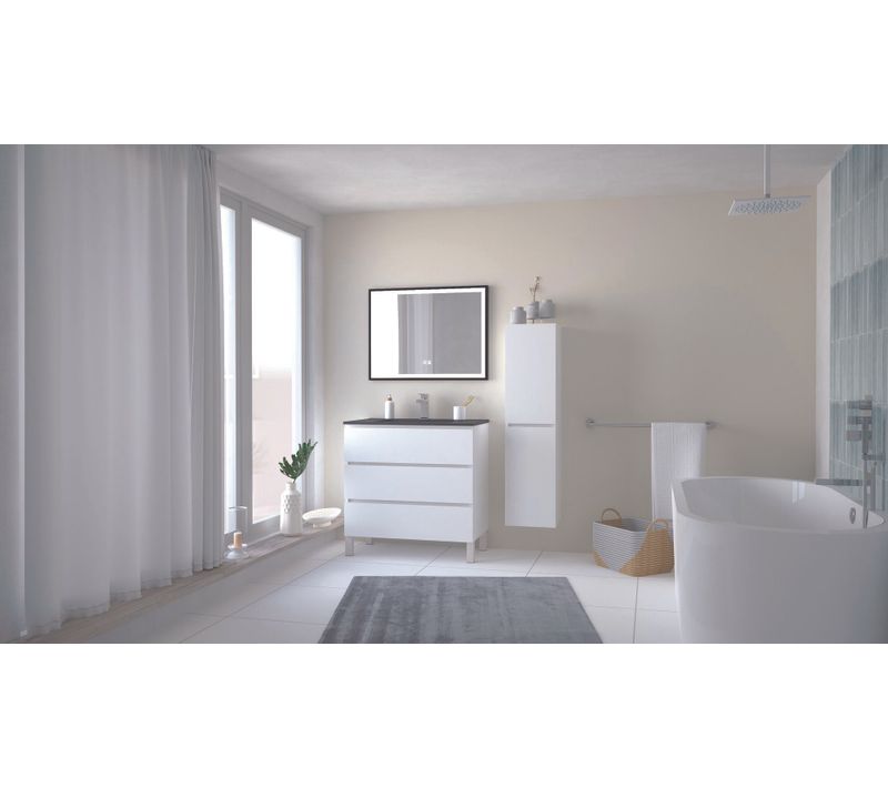 Meuble Salle De Bain Trendy - 80 Cm - Blanc Mat - 3 Tiroirs - Plan Noir + Miroir Selena