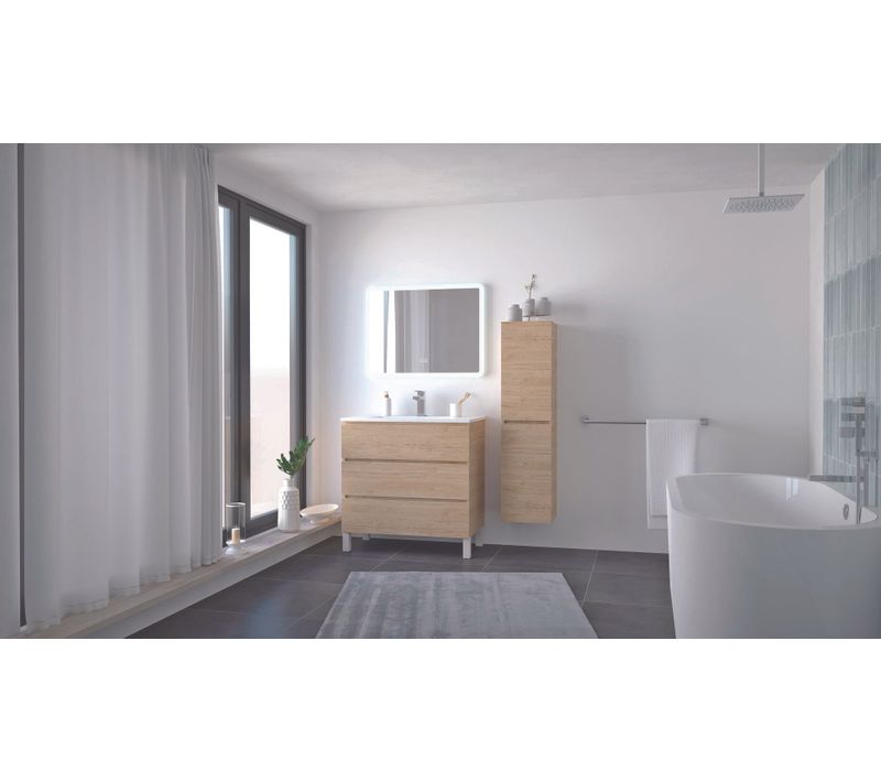 Meuble Salle De Bain Trendy - 80 Cm - Bois - 3 Tiroirs - Miroir Athena