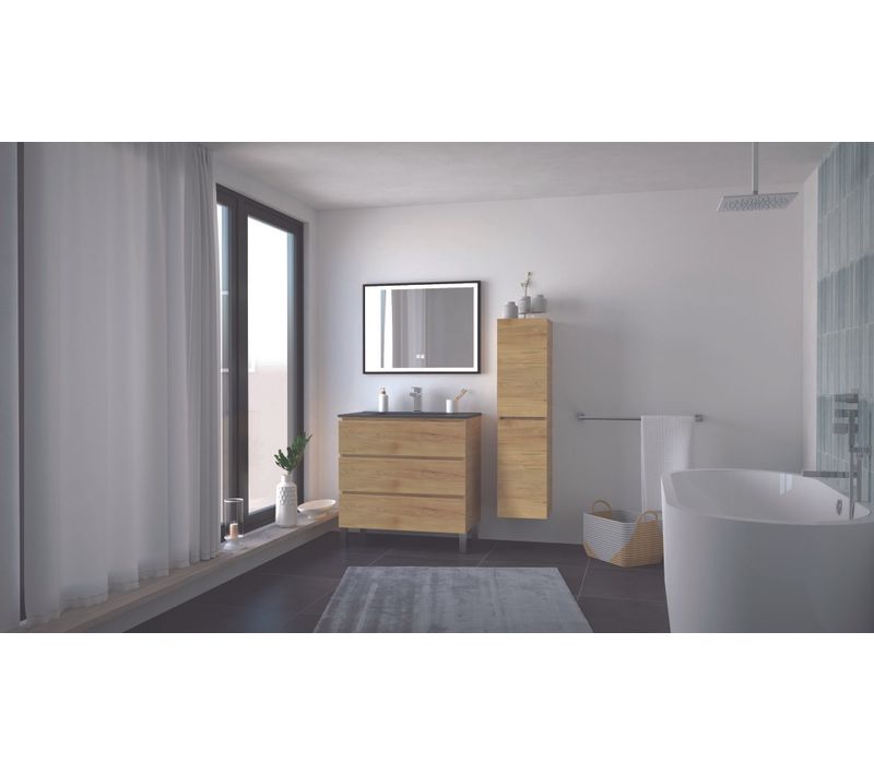 Meuble Salle De Bain Trendy - 80 Cm - Bois - 3 Tiroirs - Plan Noir + Miroir Selena