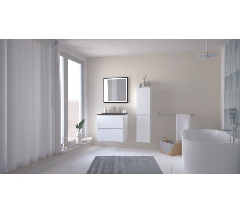 Meuble Salle De Bain Trendy - 60 Cm - Blanc Mat - 2 Tiroirs - Plan Noir + Miroir Selena