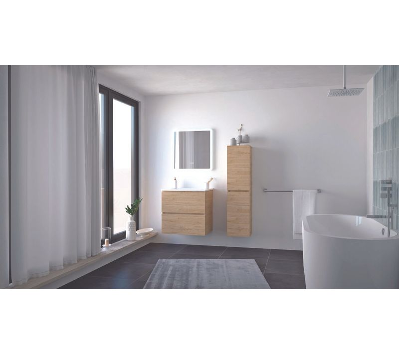Meuble Salle De Bain Trendy - 60 Cm - Bois - 2 Tiroirs - Miroir Athena