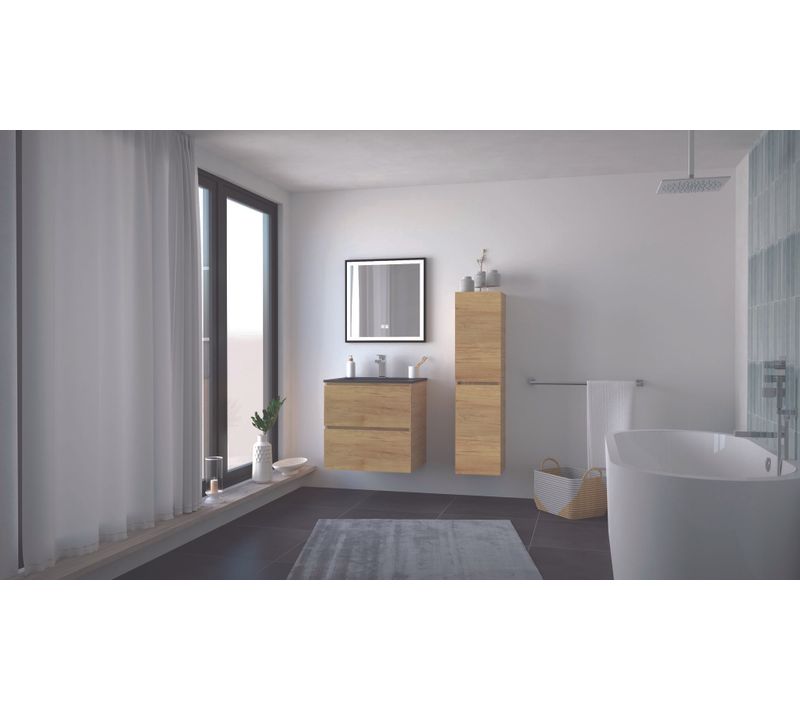 Meuble Salle De Bain Trendy - 60 Cm - Bois - 2 Tiroirs - Plan Noir + Miroir Selena