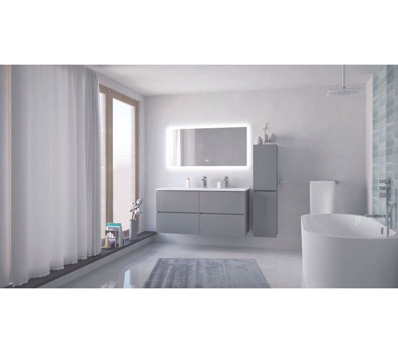 Meuble Salle De Bain Trendy - 120 Cm - Gris - 4 Tiroirs - Miroir Athena