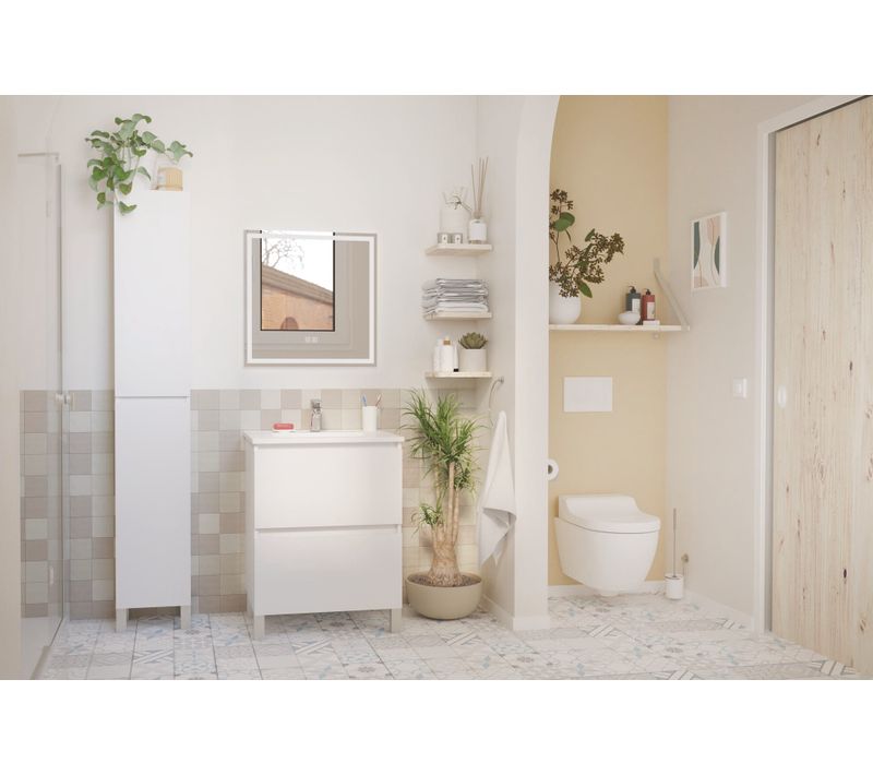 Meuble Salle De Bain à Poser Lila - 60cm - 2 Tiroirs -blanc - Miroir LED Laura