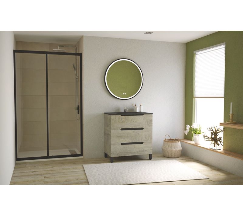 Meuble Salle De Bain à Poser Alaska -80cm - Bois - 3 Tiroirs - Plan Vasque Noir