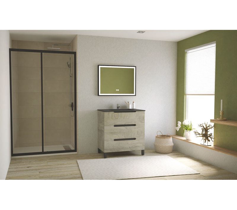 Meuble Salle De Bain à Poser Alaska -80cm - Bois - 3 Tiroirs - Plan Noir -mir Selena