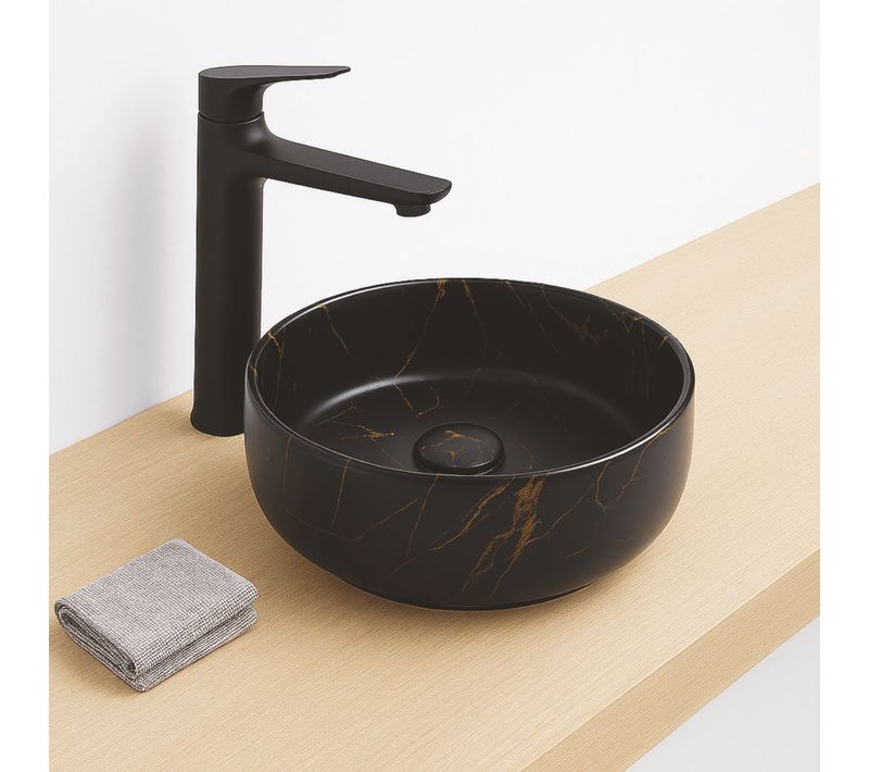 Vasque à Poser Ronde Nami - Céramique Marbre Noir - Dim : D.34,6x11,4cm