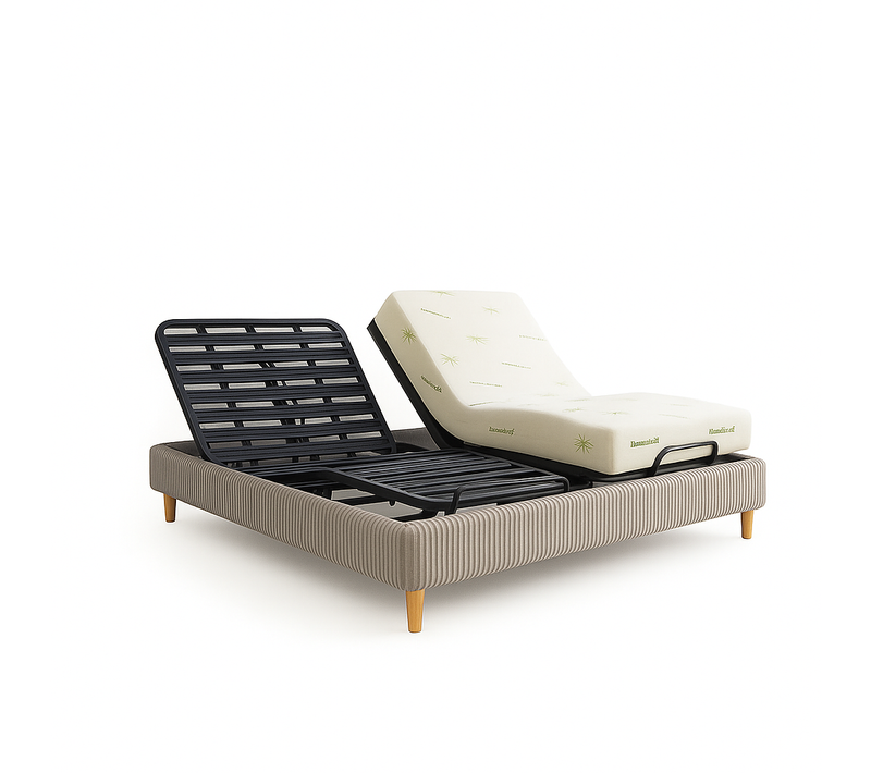 Pack Lit Électrique 200x200 Gris, Sommier Relaxation à Lattes + Contour Velours Côtelé + Matelas