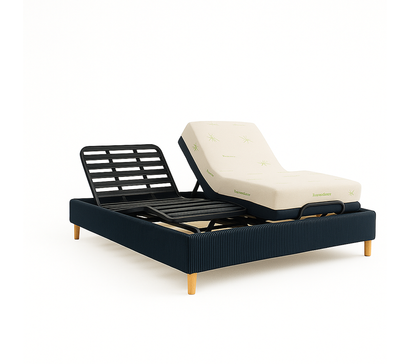 Pack Lit Électrique 140x190 Bleu - Sommier Relaxation à Lattes + Contour Velours Côtelé + Matelas