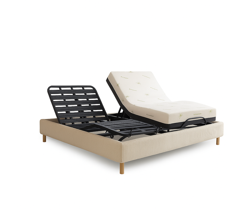 Pack Lit Électrique 140x190 Beige - Sommier Relaxation à Lattes + Contour Velours Côtelé + Matelas