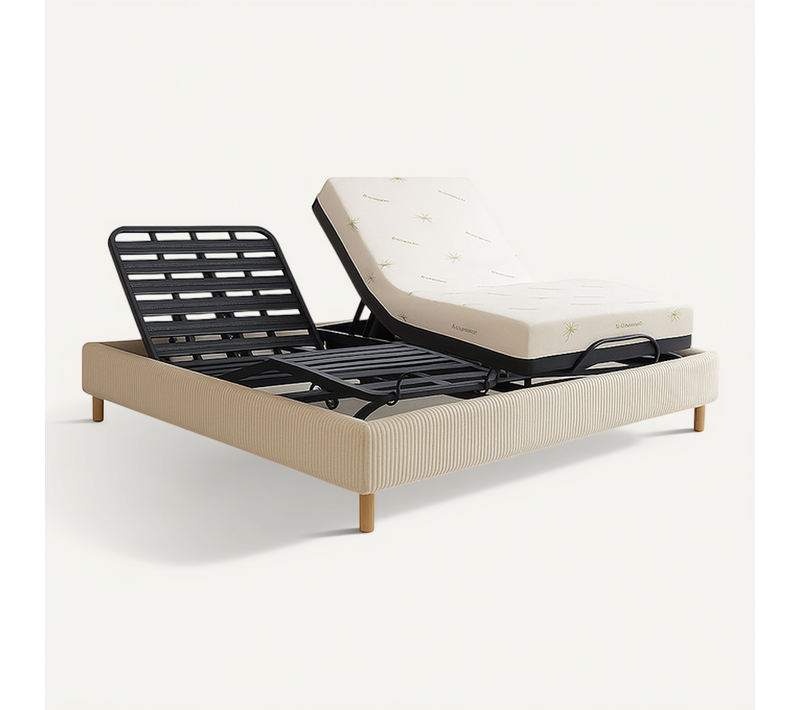 Pack Lit Électrique 90x190 Beige - Sommier Relaxation à Lattes + Contour Velours Côtelé + Matelas