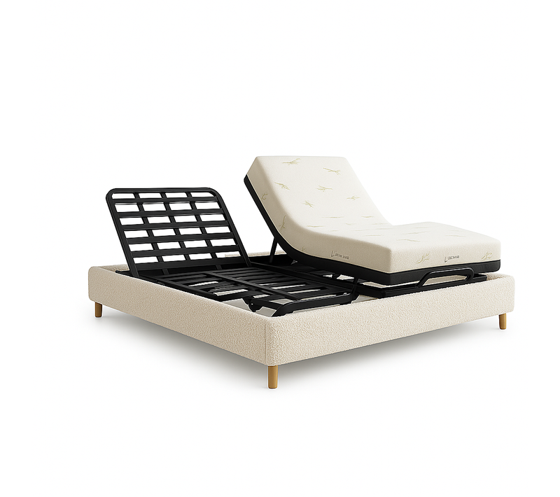 Ensemble Lit Électrique 160x200 Beige – Sommier Relaxation à Lattes + Contour Bouclette + Matelas