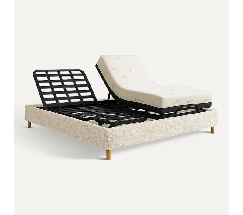 Ensemble Lit Électrique 90x190 Beige – Sommier Relaxation à Lattes + Contour Bouclette + Matelas