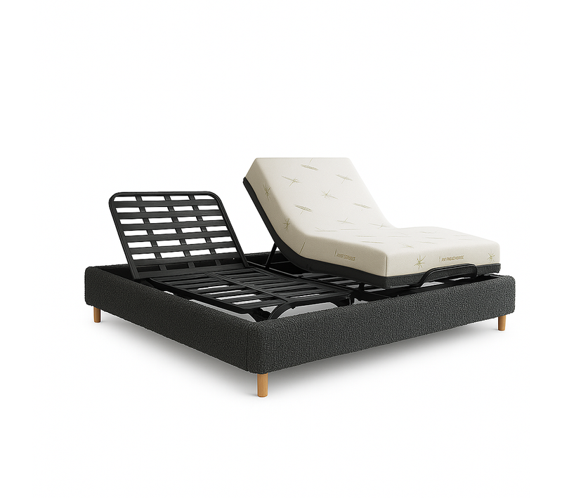 Ensemble Lit Électrique 180x200 Gris – Sommier Relaxation à Lattes + Contour Bouclette + Matelas