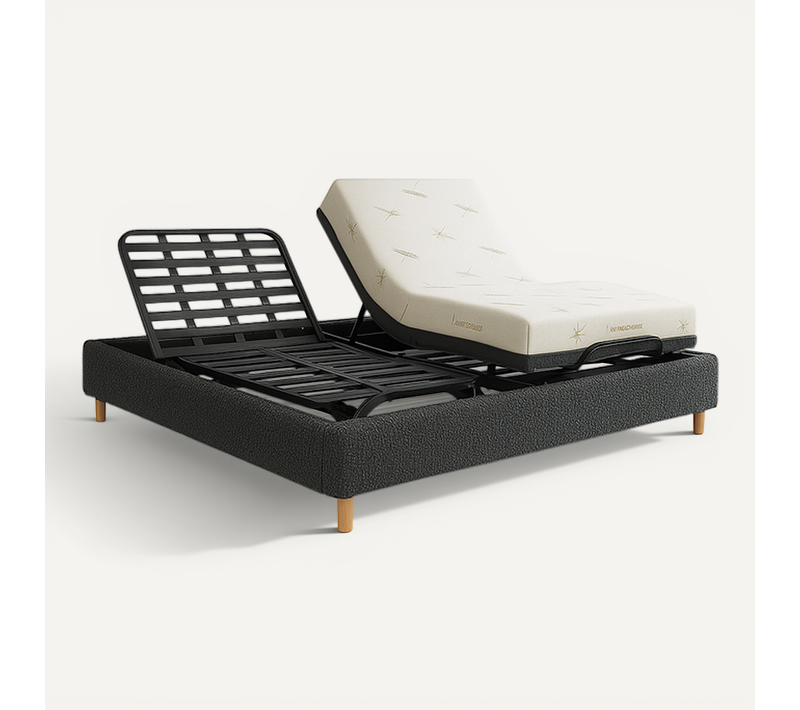 Ensemble Lit Électrique 140x190 Gris – Sommier Relaxation à Lattes + Contour Bouclette + Matelas