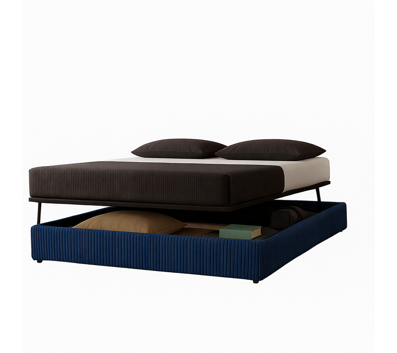 Lit Coffre à Ouverture Horizontale Et Frontale - 200 X 200 Cm - Velours Côtelé Bleu Nuit
