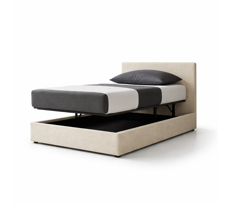 Lit Coffre Avec Ouverture Latérale - Tissu Bouclette Sable - Tête De Lit Incluse - 90x190 Cm