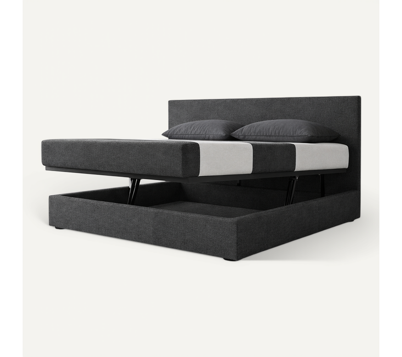 Lit Coffre Avec Ouverture Latérale - Tissu Bouclette Gris Clair - Tête De Lit Incluse - 140x190 Cm