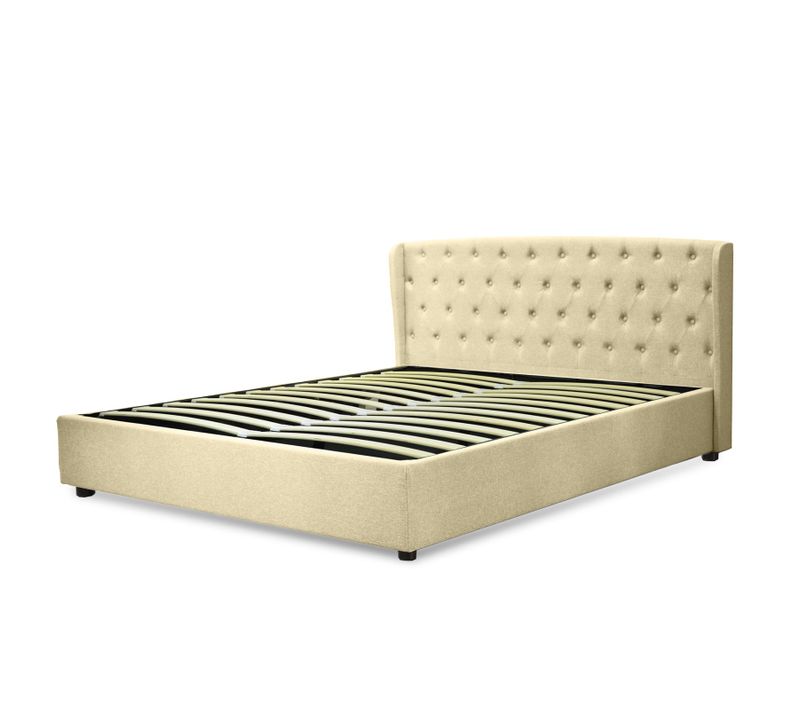 Lit Coffre Naples Avec Tête De Lit Capitonnée 200x200 Cm - Grand Espace De Stockage  - Tissu - Sable