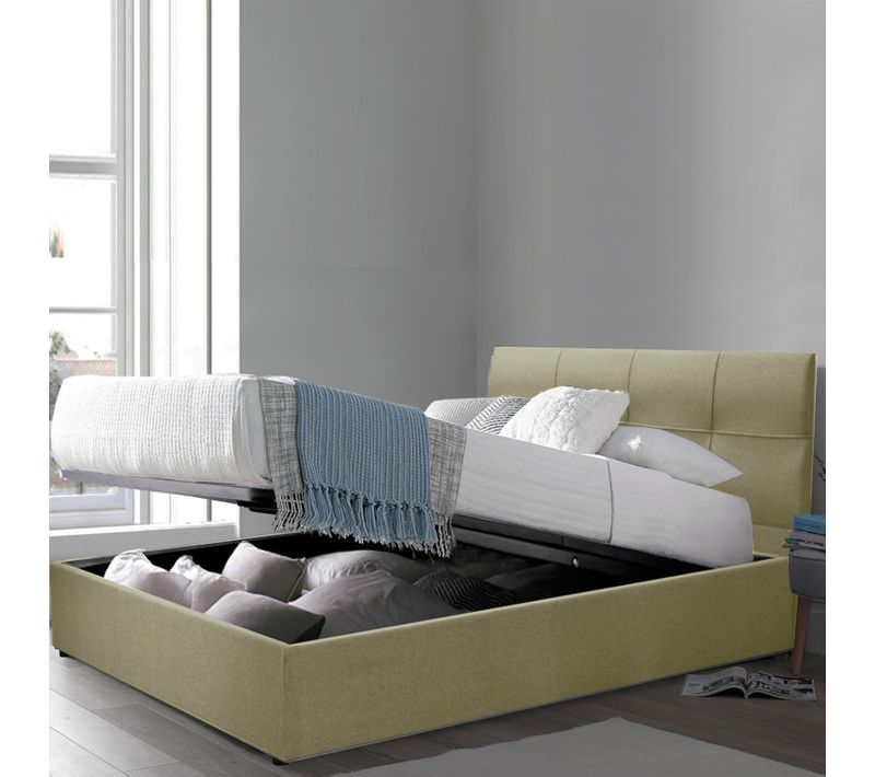 Lit Coffre 160x200 Cm Macao Avec Tête De Lit - Espace De Stockage Jusqu'à 900 L - Tissu Sable