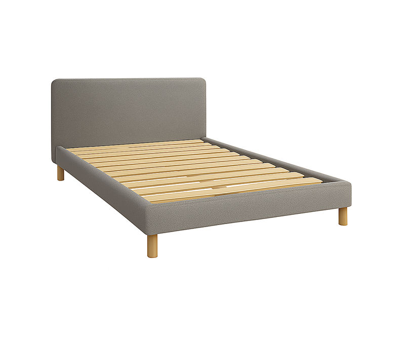 Lit Prince 200x200cm Tissu Bouclette Gris - Montage Rapide - Sommier + Tête De Lit