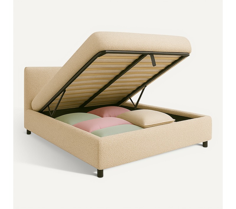 Lit Coffre Versailles 160x200cm Tissu Bouclette Sable - Espace Rangement XXL - Tête de lit incluse