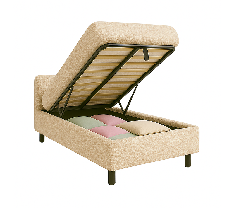 Lit Coffre Versailles 90x190cm Tissu Bouclette Sable - Espace de Rangement XXL - Tête de lit incluse