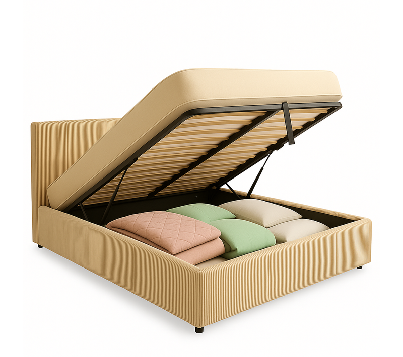 Lit Coffre 180x200cm Velours Cotelé Beige - Espace De Rangement XXL - Sommier + Tête De Lit