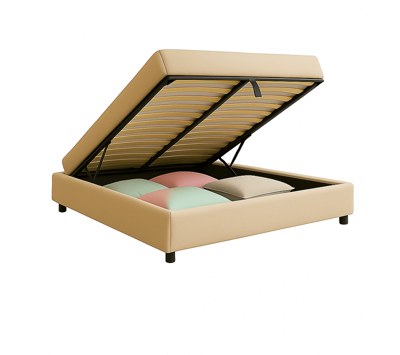 Lit Coffre 180x200cm Tissu Bouclette Sable - Espace De Rangement XXL - Sommier à Lattes Inclus