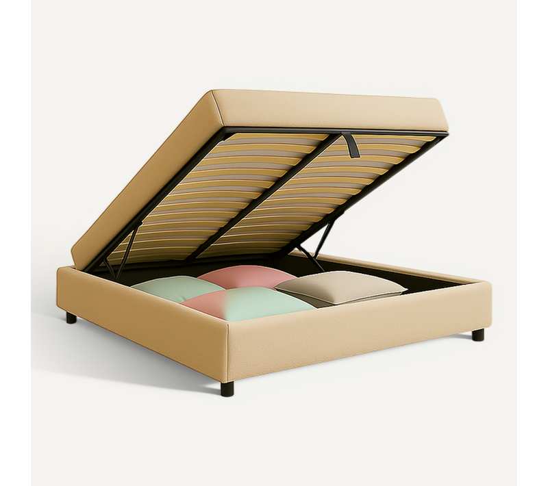 Lit Coffre 200x200cm Tissu Bouclette Sable - Espace De Rangement XXL - Sommier à Lattes Inclus