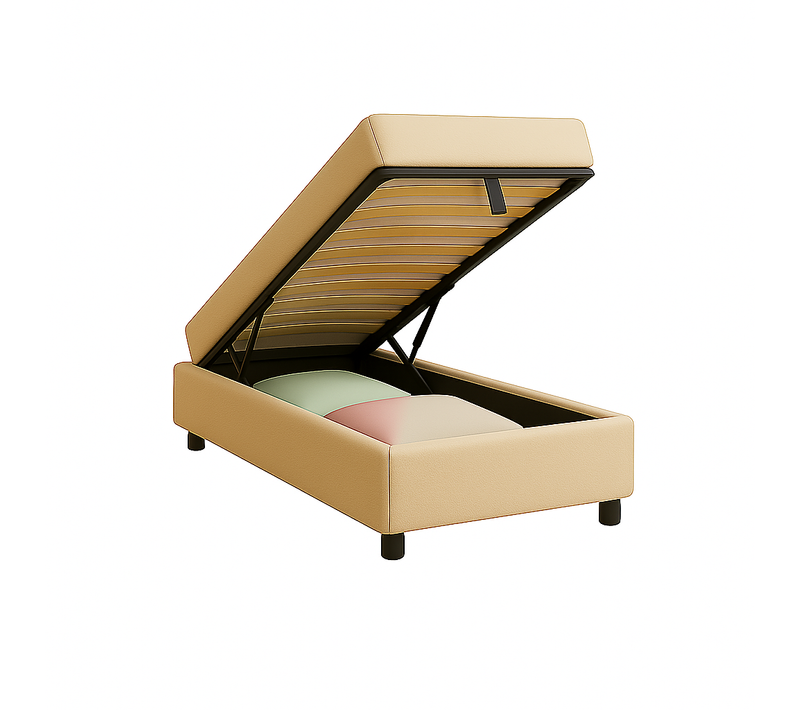 Lit Coffre 90x190cm Tissu Bouclette Sable - Espace De Rangement XXL - Sommier à Lattes Inclus