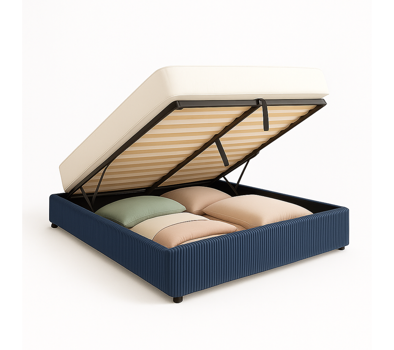 Lit Coffre 140x190cm Velours Cotelé Bleu - Espace De Rangement XXL - Sommier à Lattes Inclus