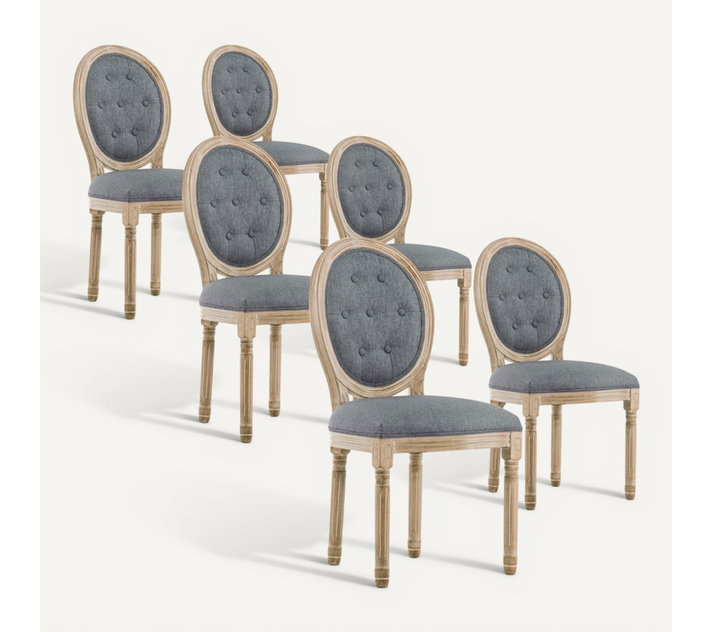 Lot De 6 Chaises Médaillon Capitonnées Louis Xvi Tissu Gris