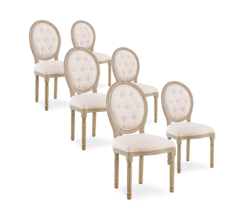 Lot De 6 Chaises Médaillon Capitonnées Louis Xvi Tissu Beige