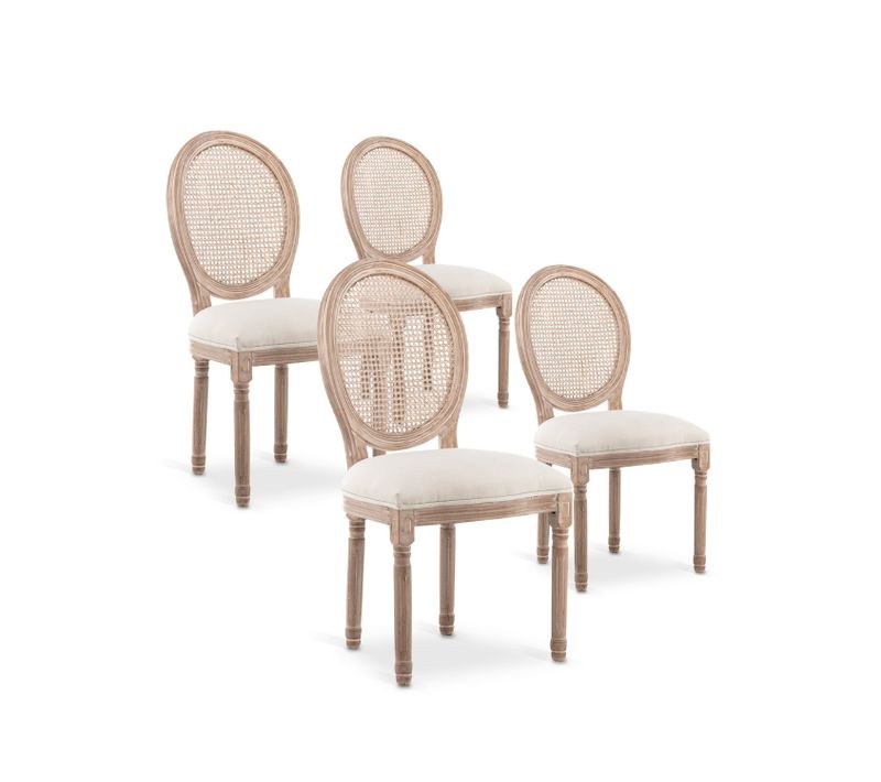 Lot De 4 Chaises Médaillon Louis Xvi Cannage Rotin Tissu Beige