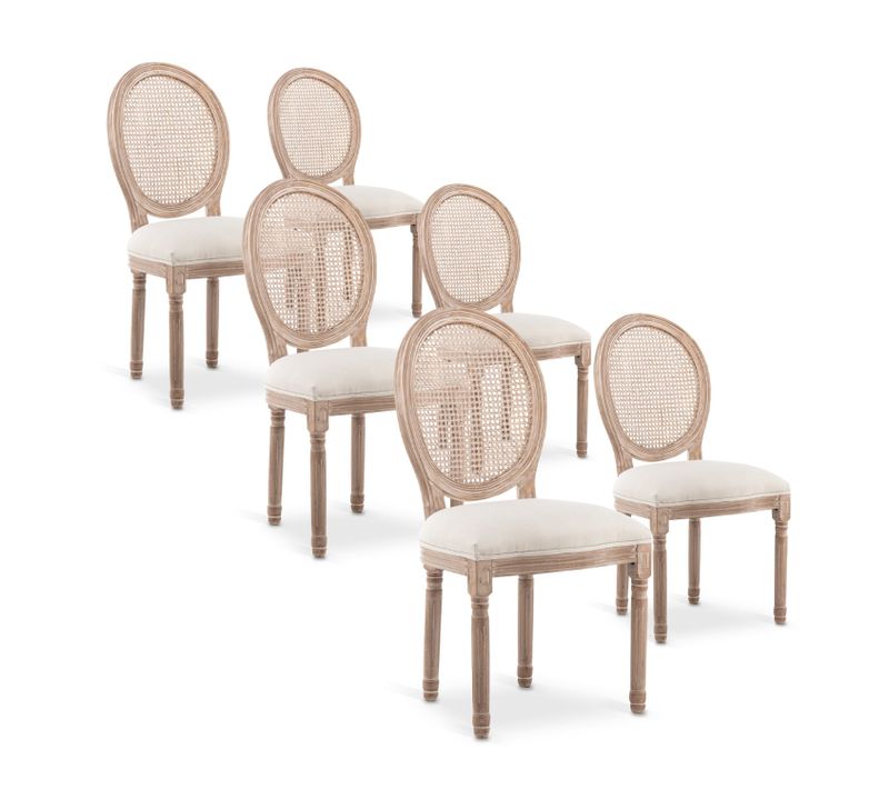 Lot De 6 Chaises Médaillon Louis Xvi Cannage Rotin Tissu Beige