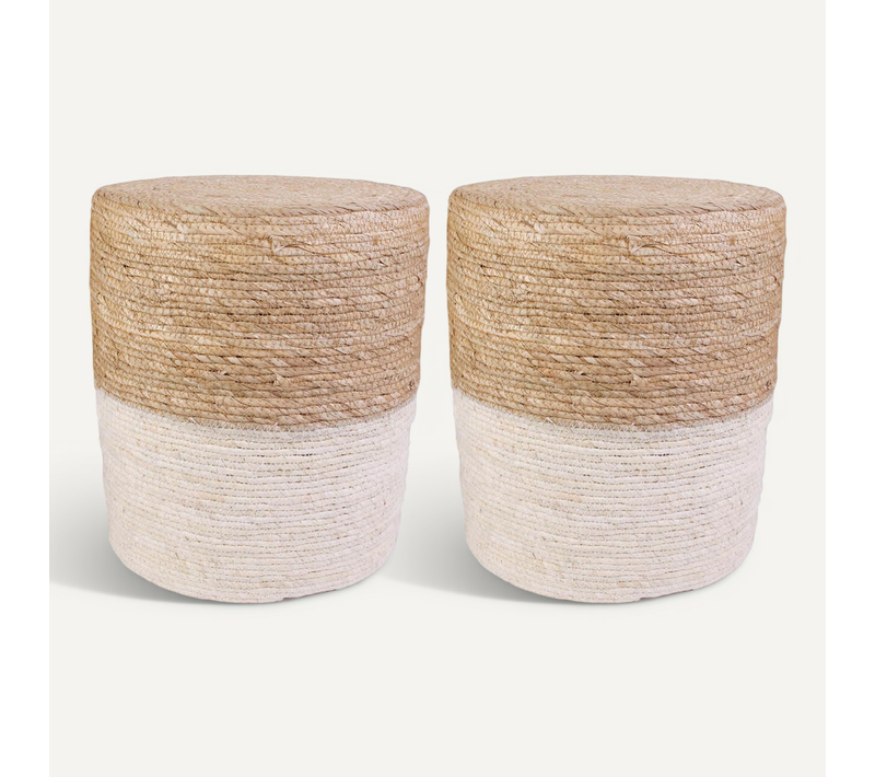 Estany - Lot De 2 Poufs Ronds Tressés Naturel Et Beige