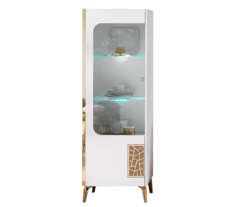 Safary - Vitrine 1 Porte Gauche Laquée Blanc Et Or Décor Sérigraphié