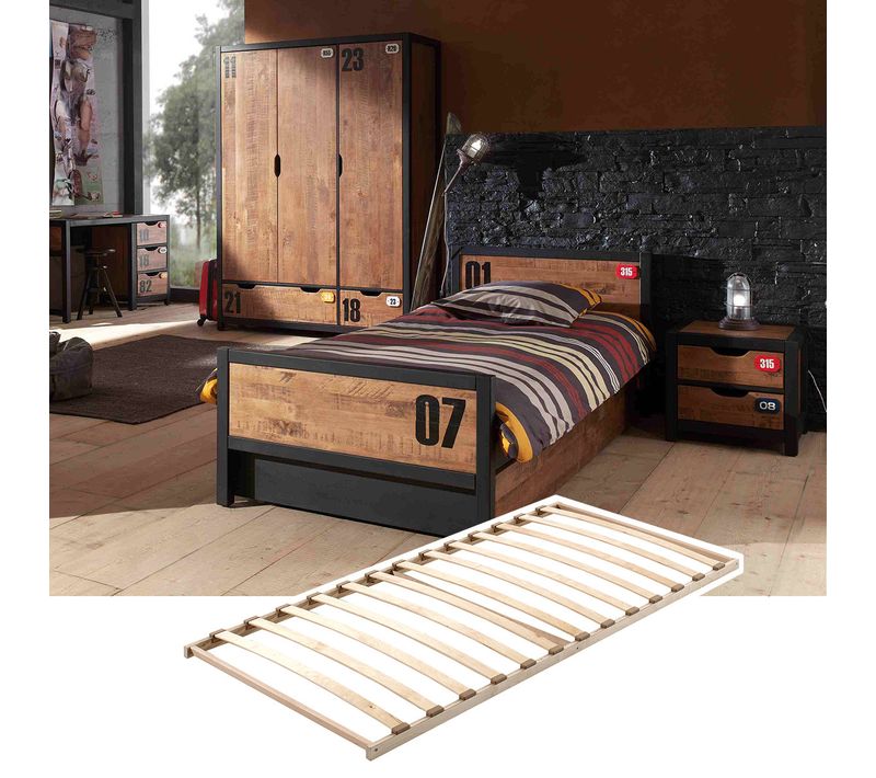 Chambre 90x200cm Avec Sommier + Armoire 3 Portes - Tchad