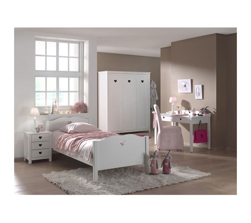 Lit 90x200cm + Chevet + Armoire 3 Portes + Bureau - Milady