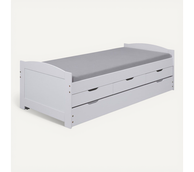 Sydney - Lit Gigogne 90x190cm + 3 Tiroirs Bois Massif Vernis Blanc