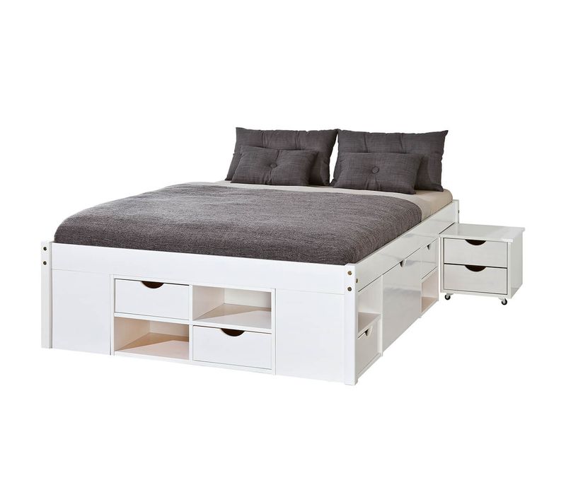 Lit 140x190cm Multi-rangement Vernis Blanc - Alaska