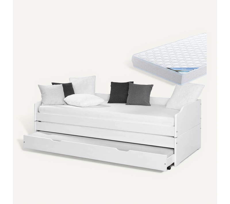 Pack Lit Multifonction 90x200 Blanc + 2 Matelas Ibiza - Barbara