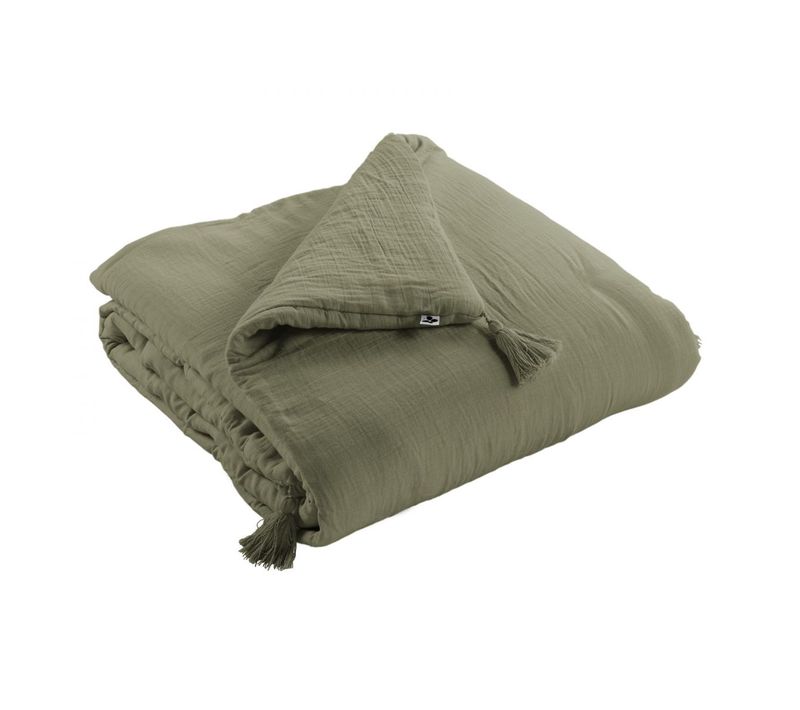 Chemin De Lit 90x200cm Capitonné Gaze De Coton Romarin Olive - Ourea