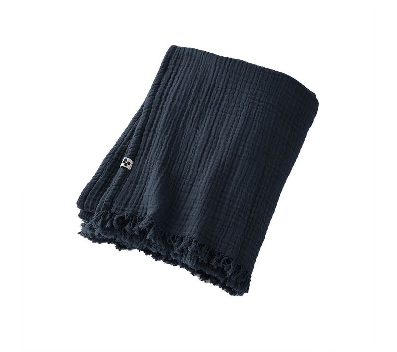 Plaid à Franges 130x160cm 4 Epaisseurs Gaze De Coton Minuit - Ourea