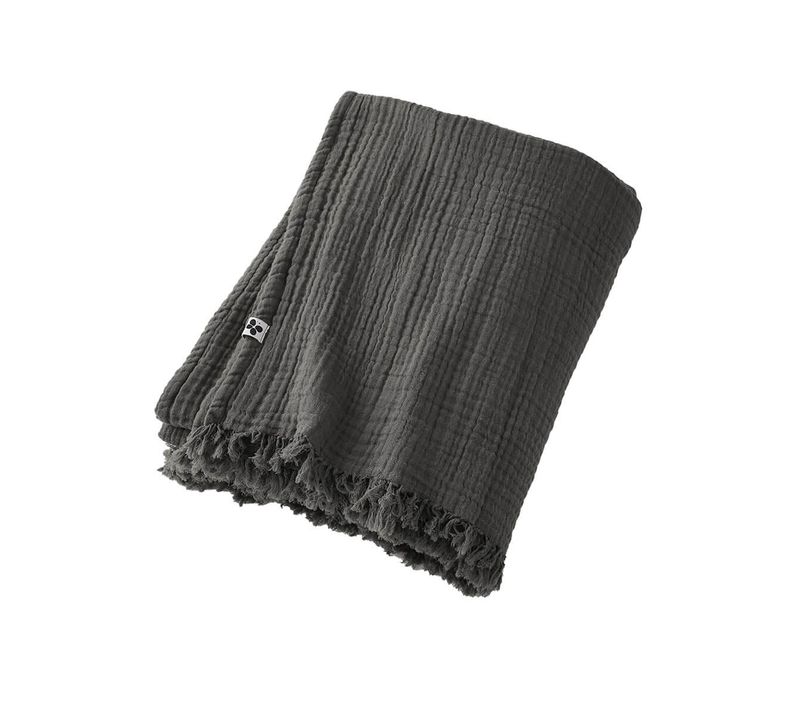 Plaid à Franges 180x220cm 4 Epaisseurs Gaze De Coton Granit - Ourea