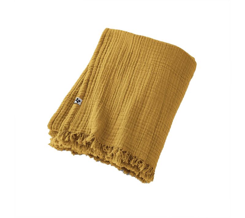 Plaid à Franges 180x220cm 4 Epaisseurs Gaze De Coton Safran - Ourea