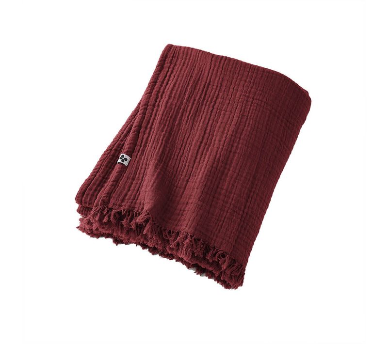 Plaid à Franges 180x220cm 4 Epaisseurs Gaze De Coton Lie De Vin - Ourea