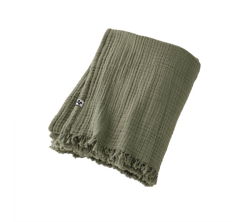 Plaid à Franges 180x220cm 4 Epaisseurs Gaze De Coton Romarin - Ourea